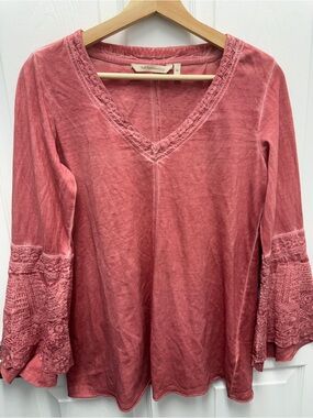 Soft Surroundings Dusty Rose V-Neck Embroidered Bell Sleeve Tunic 3/4 Sleeve XS